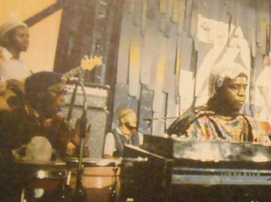 Foto of Sun Ra 1976 performance at the Montreux Jazz Festival. — with Tony Bunn, Stanley Atakatun Morgan, Hayes Burnett and Sun Ra.